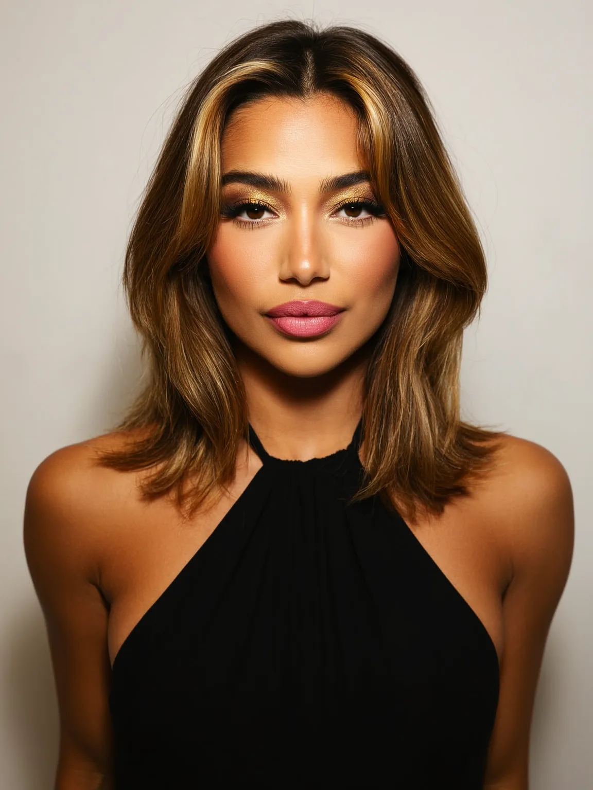 Shoulder-Length Straight Golden Brown Layers with Caramel Highlights